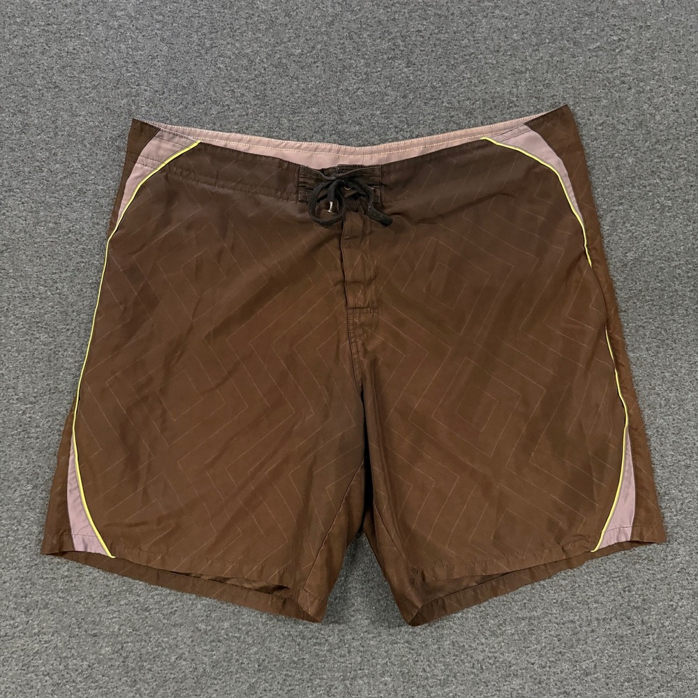 Y2K Joe Boxer Board Shorts Mens XL Brown Good Geometric Print Yellow Piping